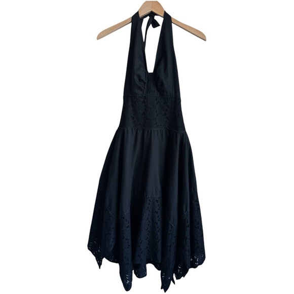 BILLY REID Black Floral Eyelet Halter Midi Dress | Handkerchief Skirt Tie Neck M - Picture 1 of 7